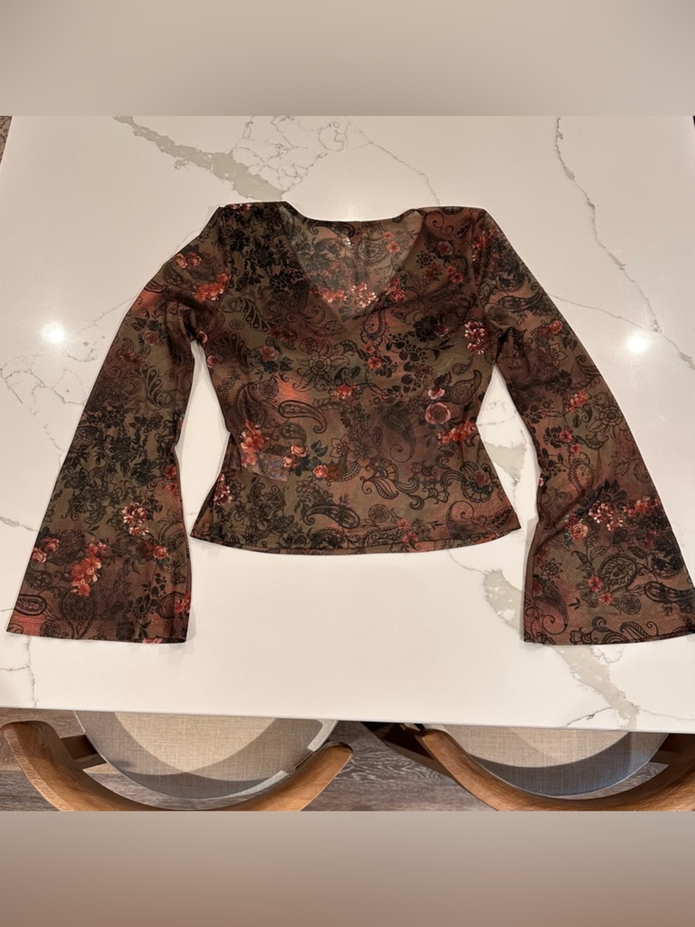 Shein Floral Paisley Y2K Sheer Mesh Top M Bell Sleeves Flare Forest Fairy Goblin - Picture 2 of 10